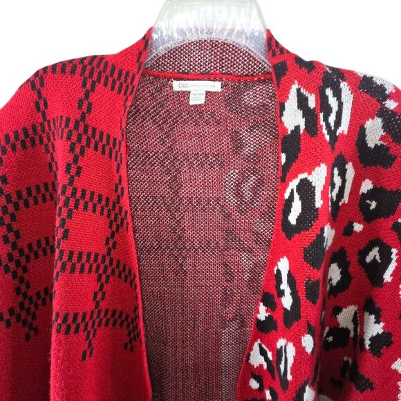 Cato Women's Knit Cardigan Sweater Open Front Mixed Print Red Black Size 26/28W - Picture 2 of 9